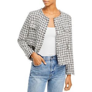 Aqua Womens Ivory Raw Hem Button Up Layering Collarless Blazer Jacket